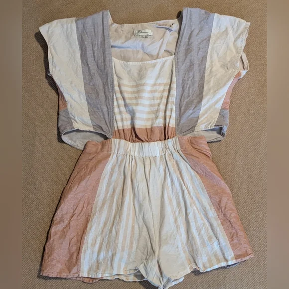 Anthropologie Elevenses Neutral Striped Square Neckline Cut Out Romper - Picture 7 of 16